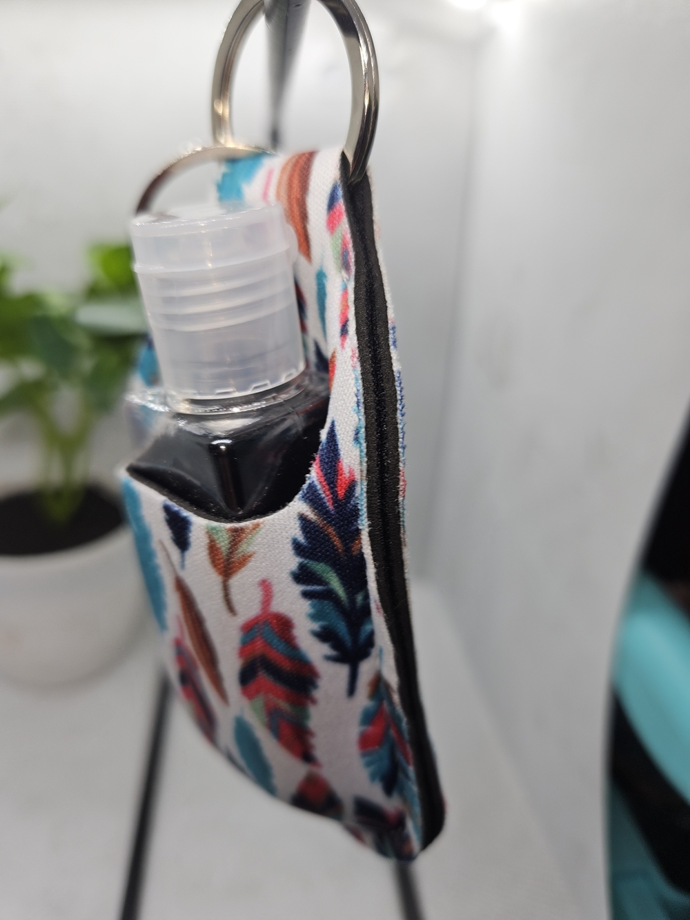 Feather-Print Hand Sanitizer Keychain Holder - White/Multicolor